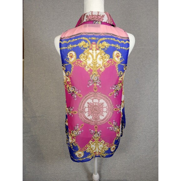 Womens Multicolor Scroll Chiffon Sleeveless Tunic Top Size Medium Sheer Maximal - Picture 3 of 9